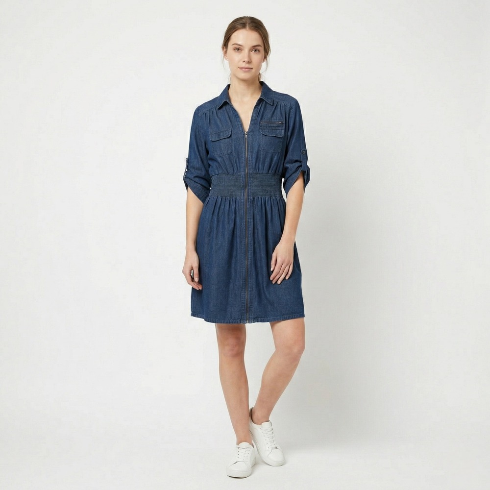 J. Glee Women Dress 3X Blue Denim Zip Front Smocked Waist Roll Tab Sleeve Casual
